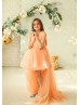 Peach Tulle High Low Floral Embellished Flower Girl Dress